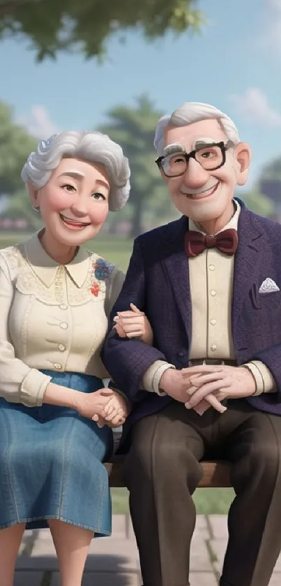 Animated elderly couple sitting on a park bench in a bright outdoor setting.