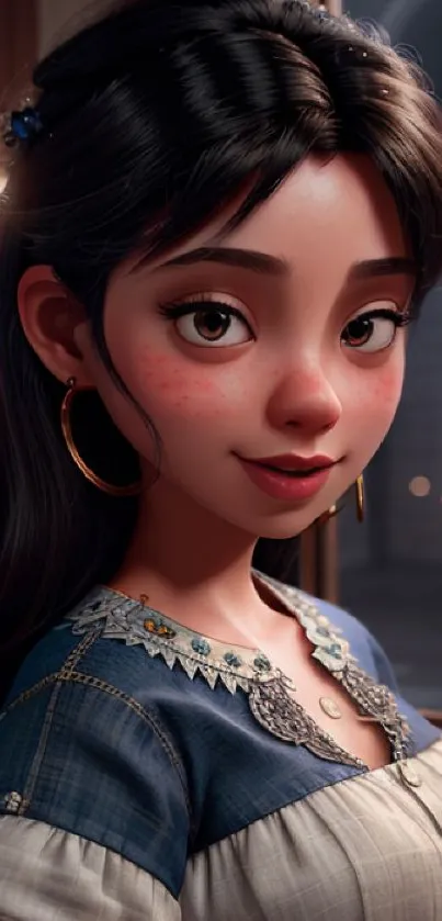 Animated girl's portrait in cozy setting with warm tones and intricate details.