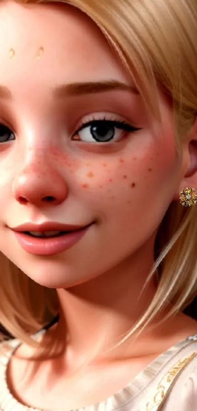 Animated blonde girl with freckles and a smile, perfect for wallpaper.