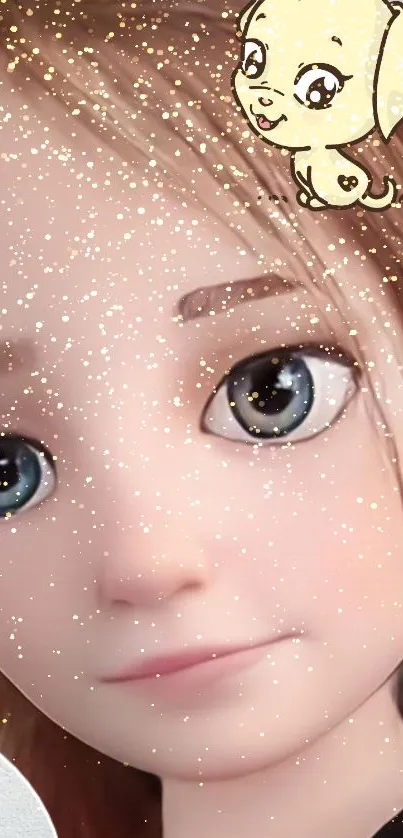 Charming animated girl with sparkles and a cartoon dog on a mobile wallpaper.