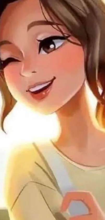 A cheerful animated girl winking, with warm lighting and a joyful expression.