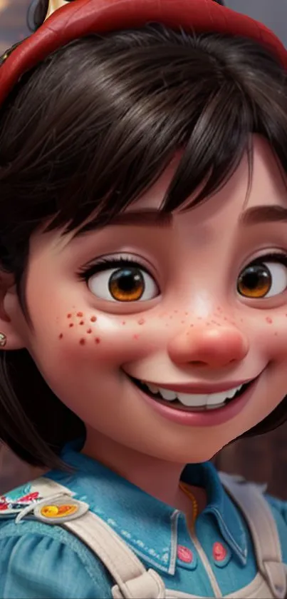 Charming animated girl with a big smile in warm brown tones.
