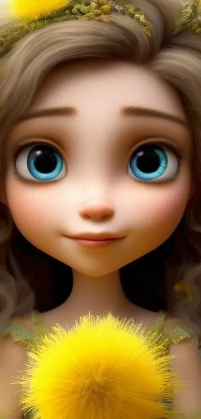 Animated girl with blue eyes and yellow flowers in a whimsical scene.