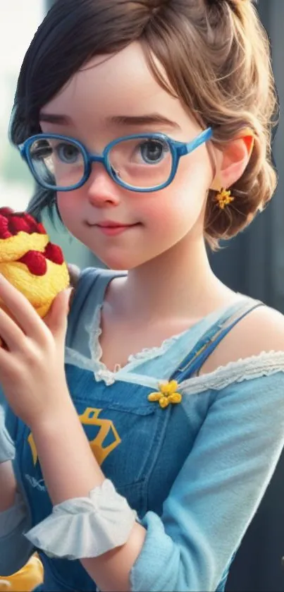 Charming animated girl with blue glasses holding a pastry in a cozy setting.