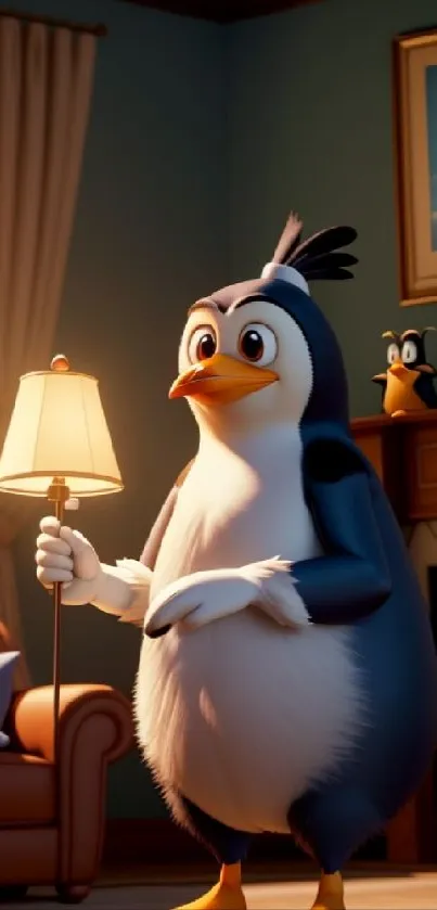 Cartoon penguin standing in cozy room holding lamp