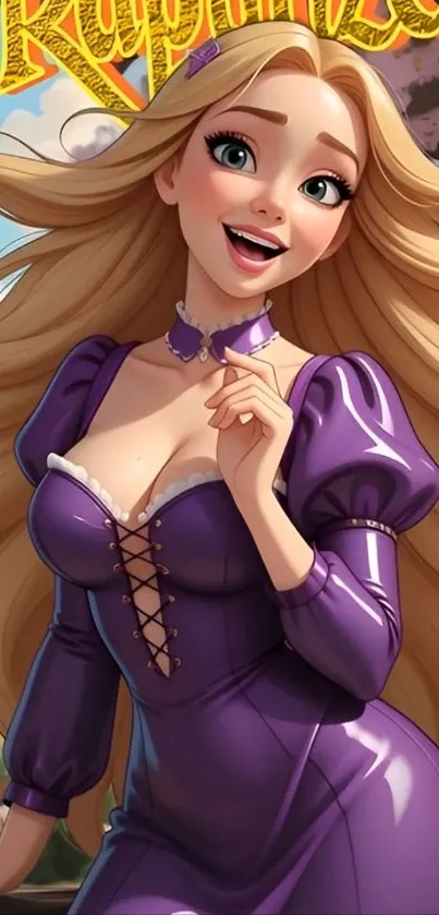 Animated princess in purple dress with flowing hair.