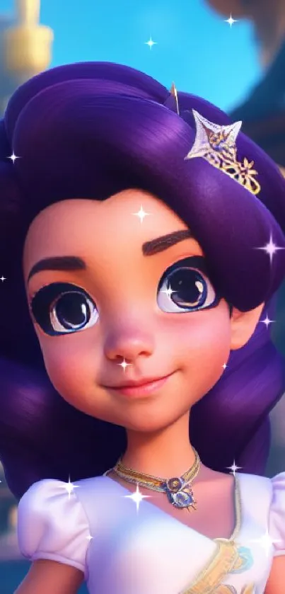 Animated princess with purple hair in fantasy setting.