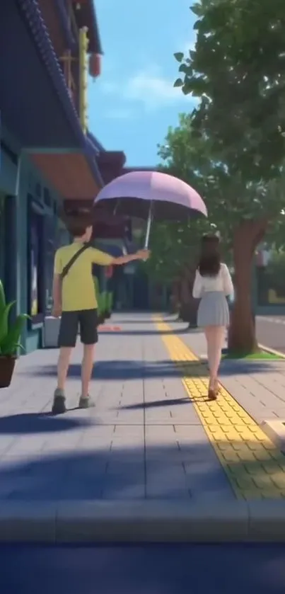 Animated couple walking under an umbrella on a vibrant street.