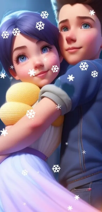 Animated couple hugging with snowflakes falling.