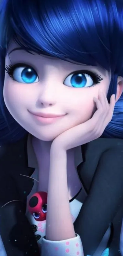 Animated girl with blue hair and butterflies, enchanting theme.