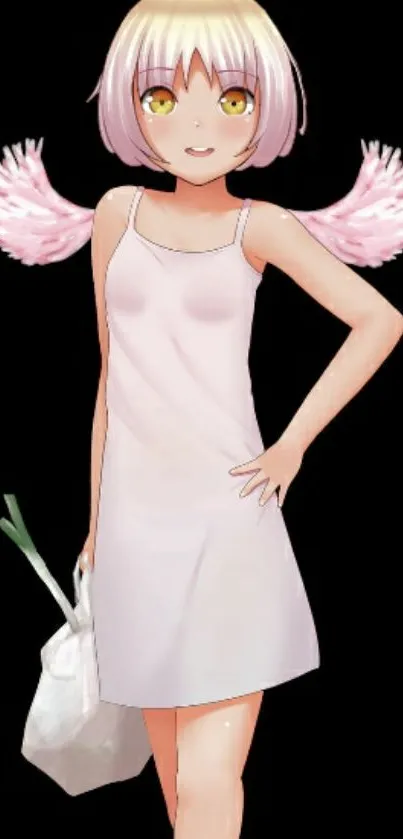 Anime angel with halo and pink wings on a black background.