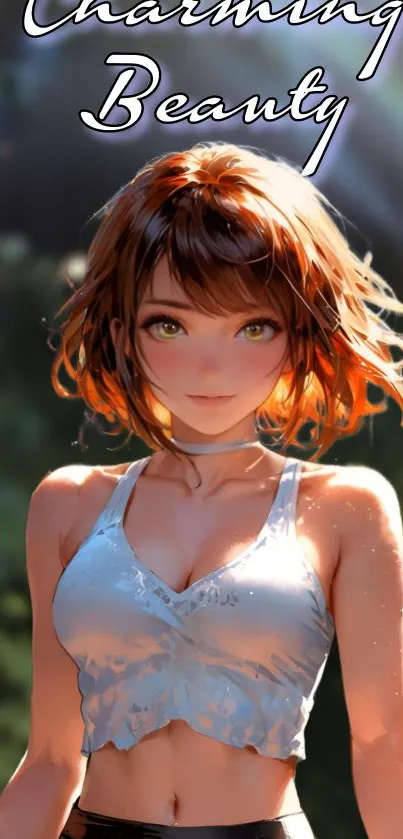 Anime character with vibrant brown hair and a charming expression on a phone wallpaper.