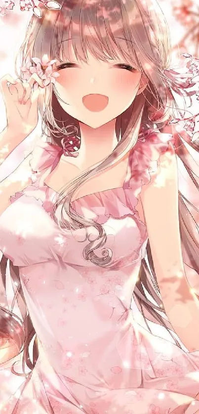 Anime girl with cherry blossoms and pink dress.
