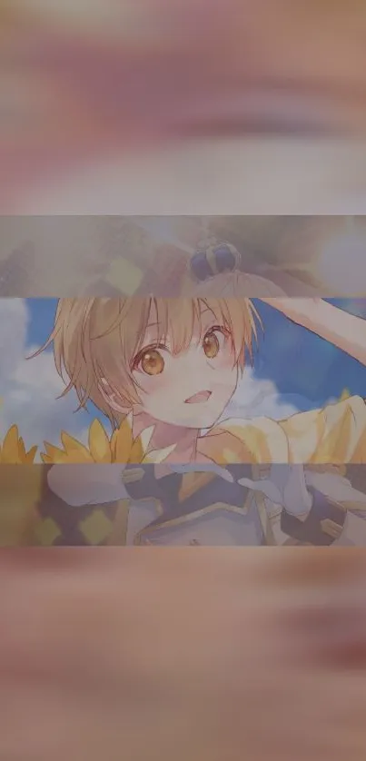 Anime boy in a field with sunflowers and vibrant colors.