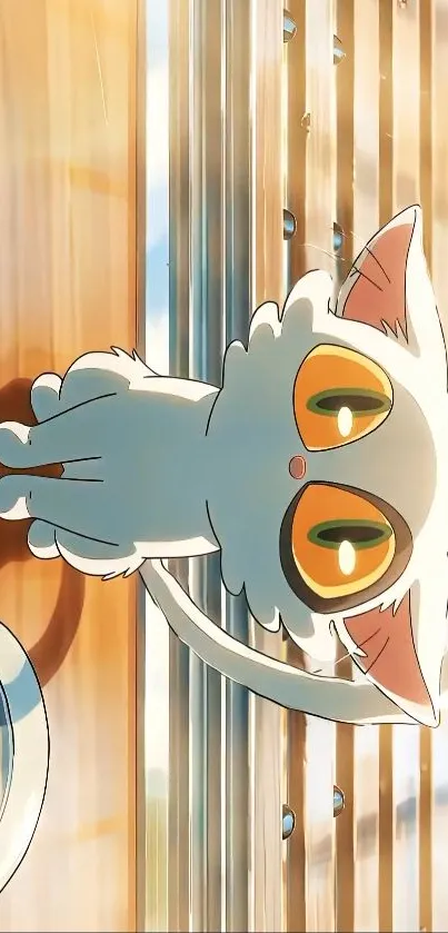 Anime cat with big eyes on a sunny wooden table.