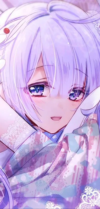 Anime character with lavender hair in a detailed and colorful design.