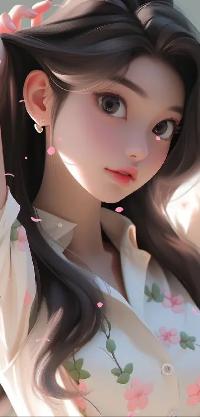 Elegant anime girl with floral shirt and dark hair in stylish art.