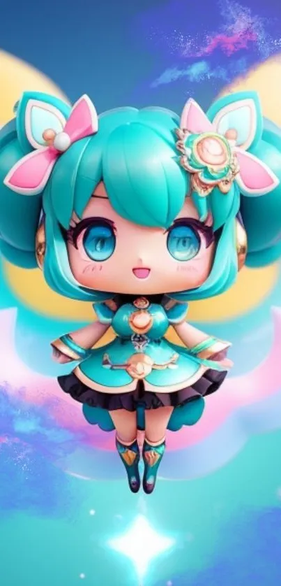 Cute teal anime character with vibrant colors and playful design.