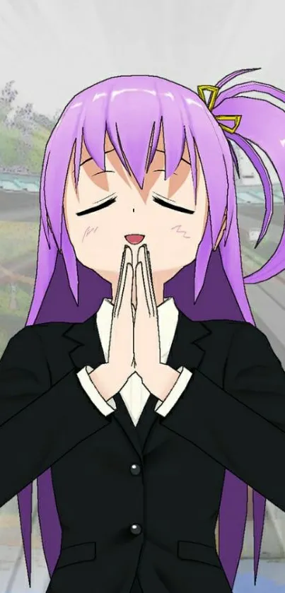 Anime character with purple hair and serene expression.