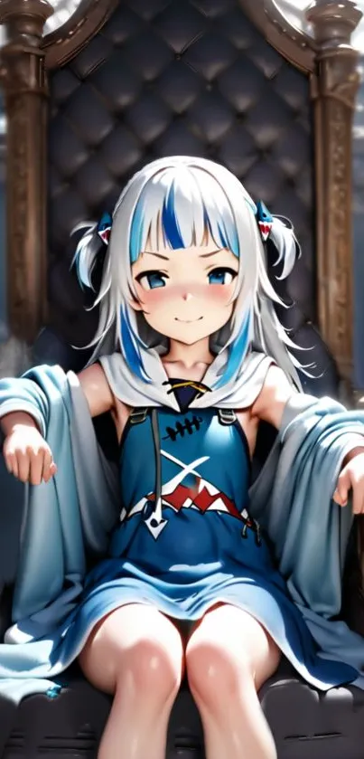 Anime girl with blue hair sitting on a throne, smiling confidently.