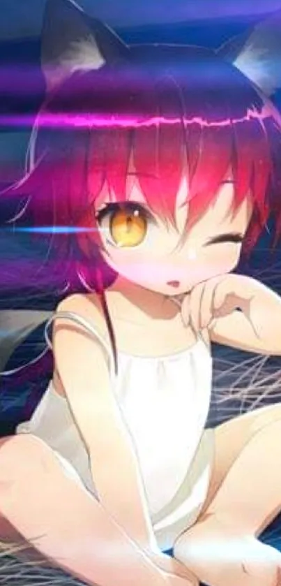 Cute anime character with red hair and fox ears, sitting and winking.