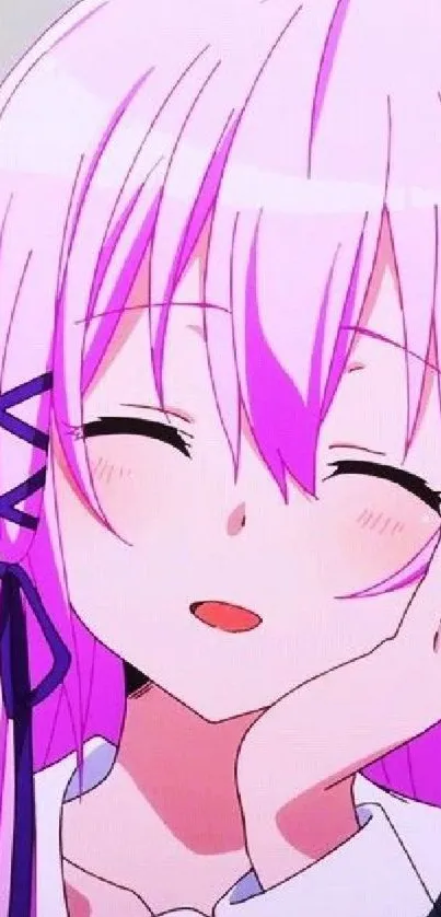 Anime girl with pink hair in a charming pose.