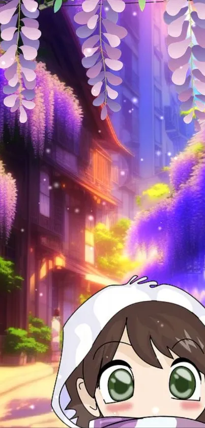 Anime cityscape wallpaper with purple hues and charming character.