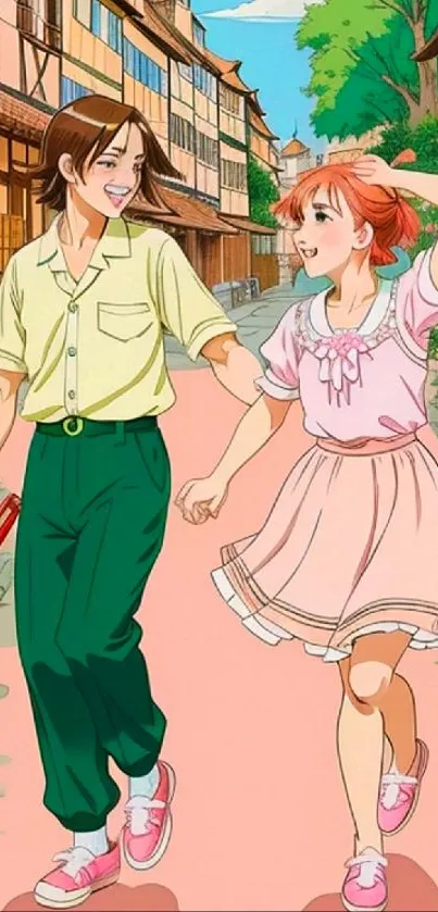 Anime couple walking through a flower-lined path in a village scene.