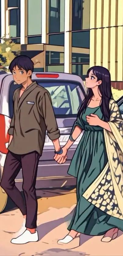 Anime couple holding hands, strolling casually.