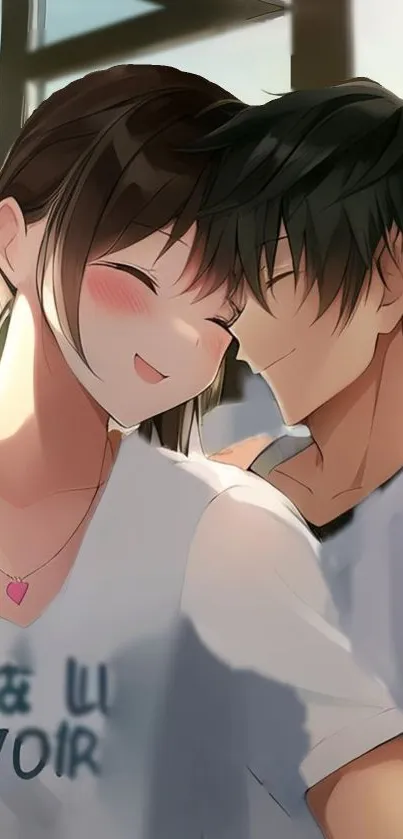 Romantic anime couple in loving embrace.