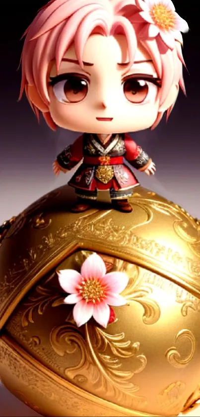 Chibi anime character on ornate gold sphere.