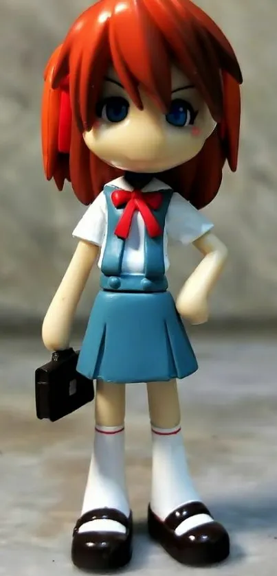 Anime figure with red hair and school uniform on a gray background.