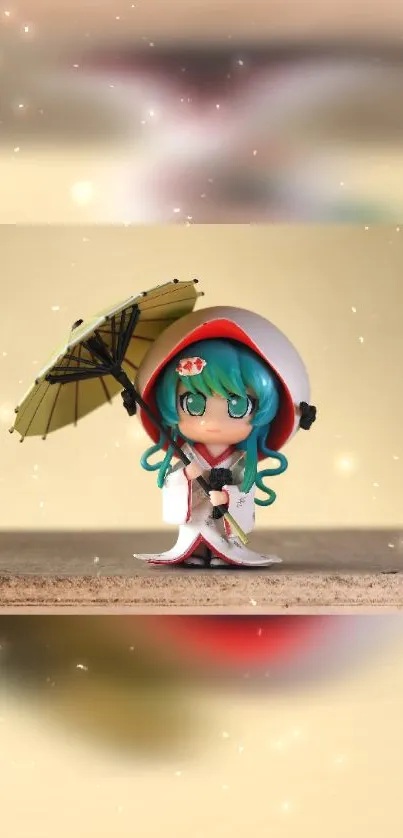 Charming anime figure with umbrella on beige background.