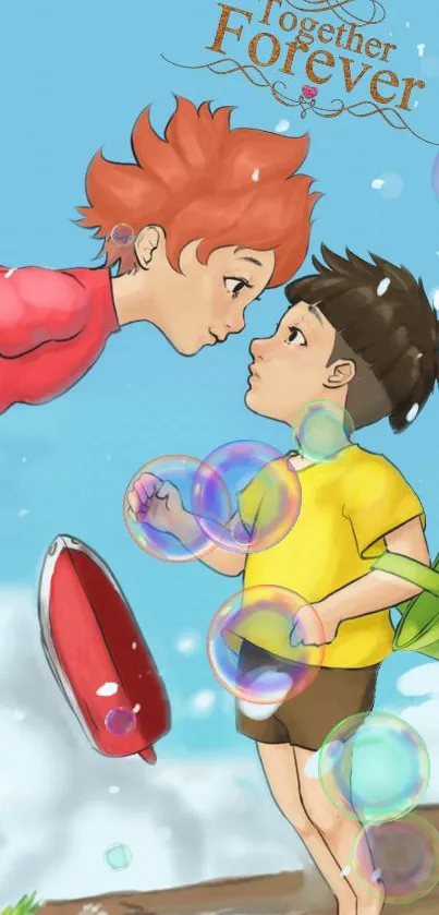 Anime characters in whimsical bubble-filled scene.