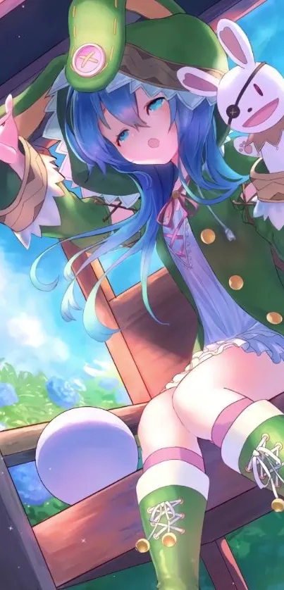 Anime girl in green outfit with blue background.