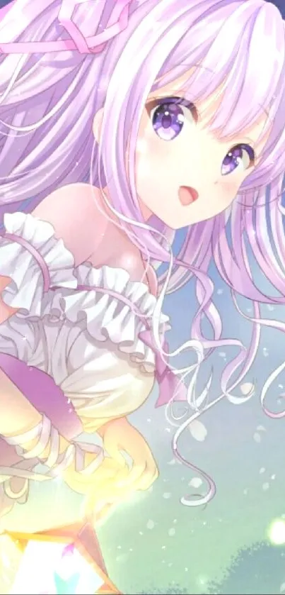 Anime girl with lavender hair in a fantasy setting.