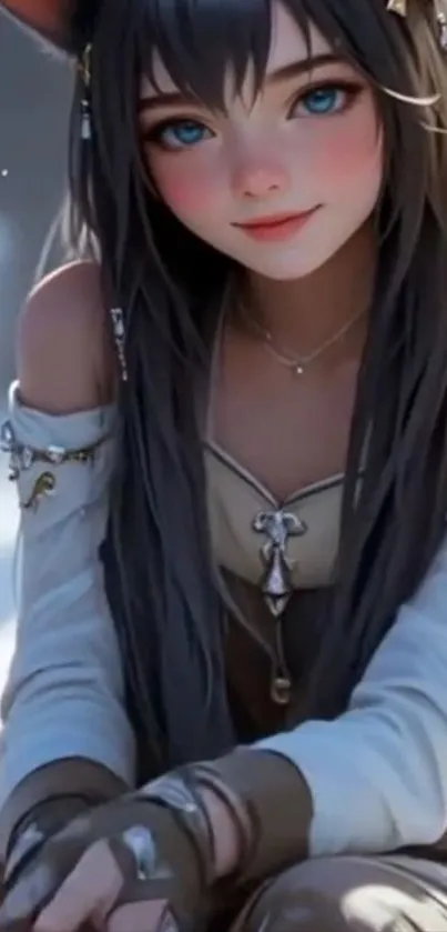 Enchanting anime girl with brown hair and fantasy attire.