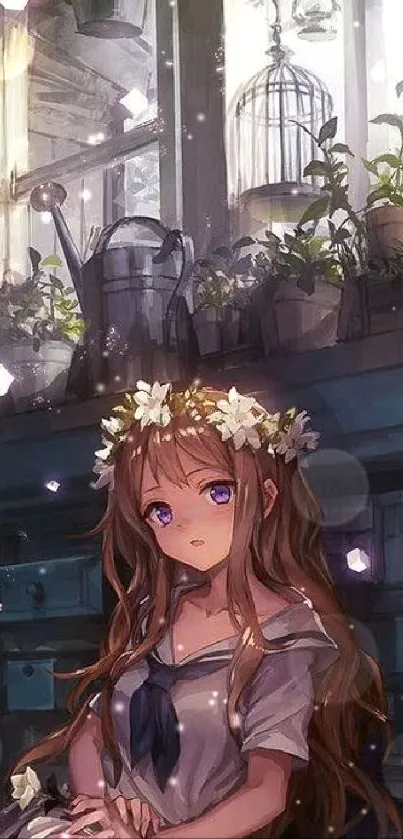 Anime girl with flowers, sitting in a sunlit garden, evokes tranquility.