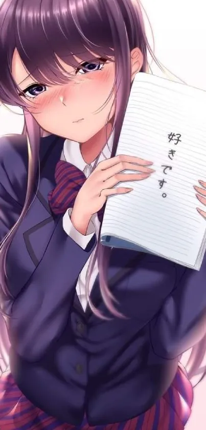 Anime girl in uniform holding a note.