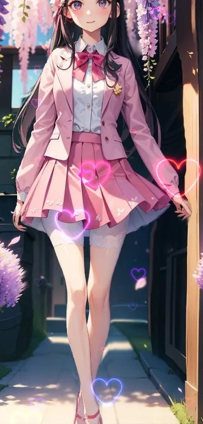 Charming anime girl in pink outfit with heart lights.