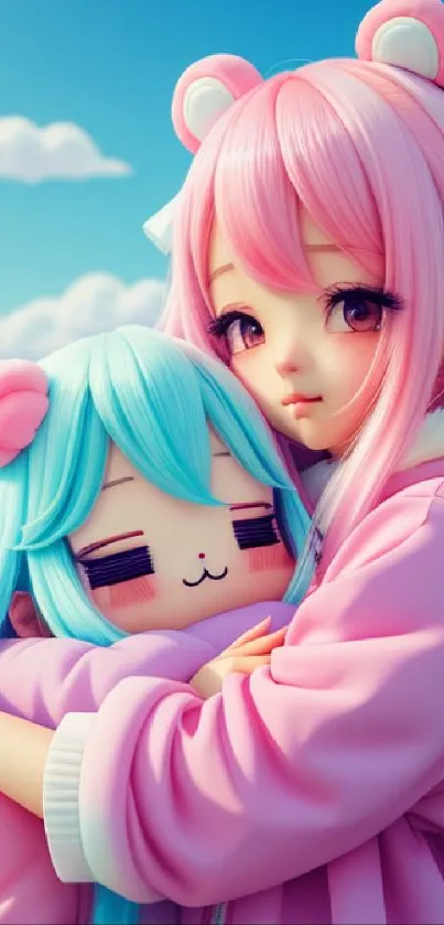 Anime girl with pink hair hugging a plush toy, set against a colorful backdrop.