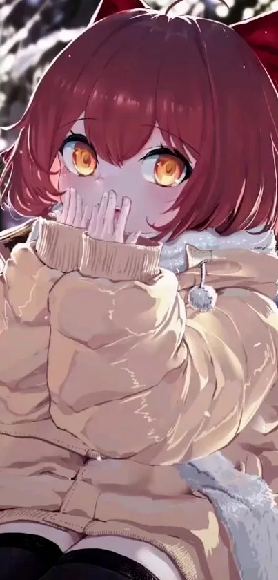 Anime girl in winter coat with bright eyes, looking cozy.