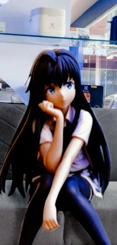 Anime girl sitting on a stylish couch in a modern setting.