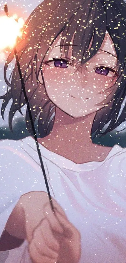 Anime girl holding a sparkler, smiling gently.