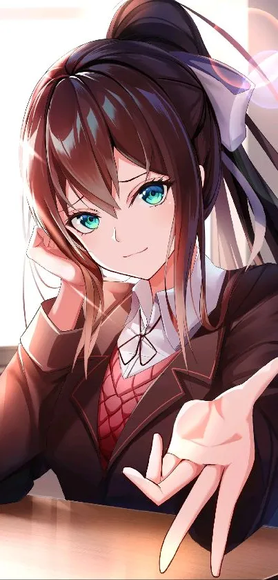 Anime girl with brown hair and teal eyes, extending hand.