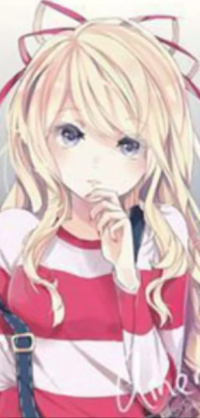 Anime girl with blonde hair and a red-striped shirt.