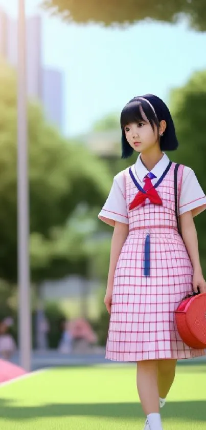 Anime girl in a checkered dress holding a red hat, with a blurred outdoor background.