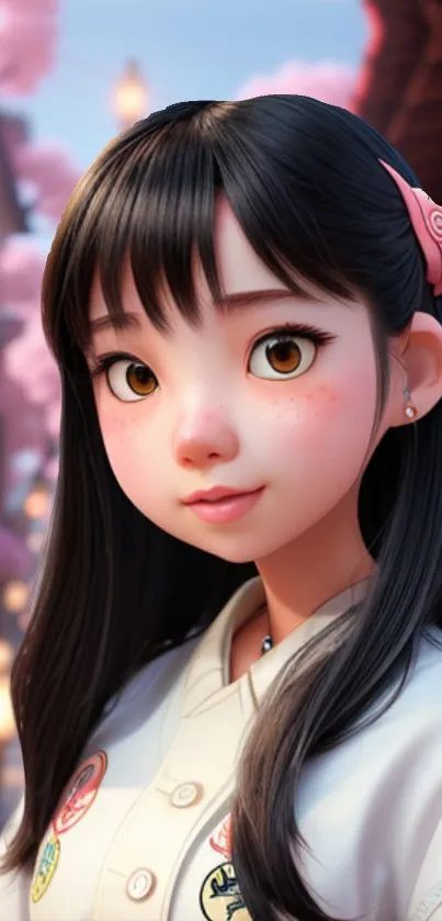 Anime girl with cherry blossoms background, vibrant and charming.