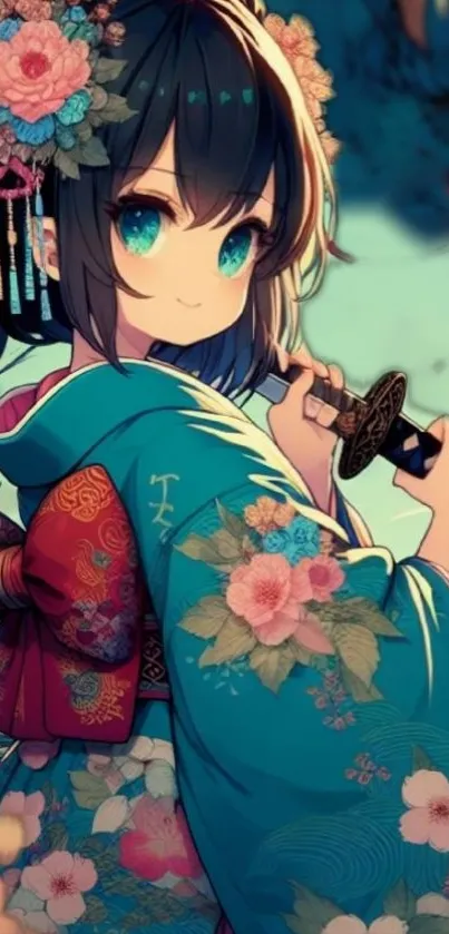 Anime girl in a teal floral kimono holding a sword.