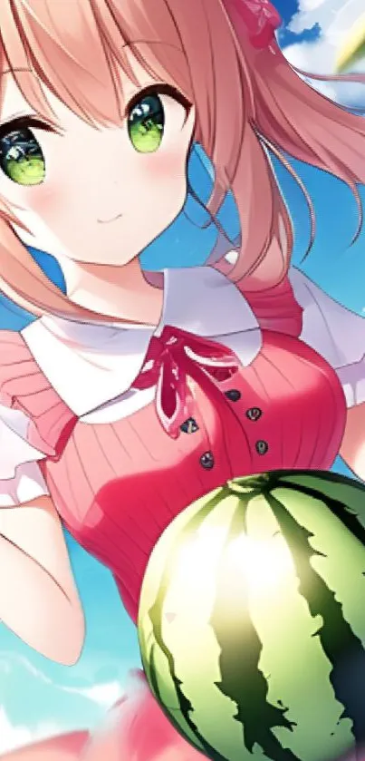 Anime girl holding a watermelon in vibrant colors.